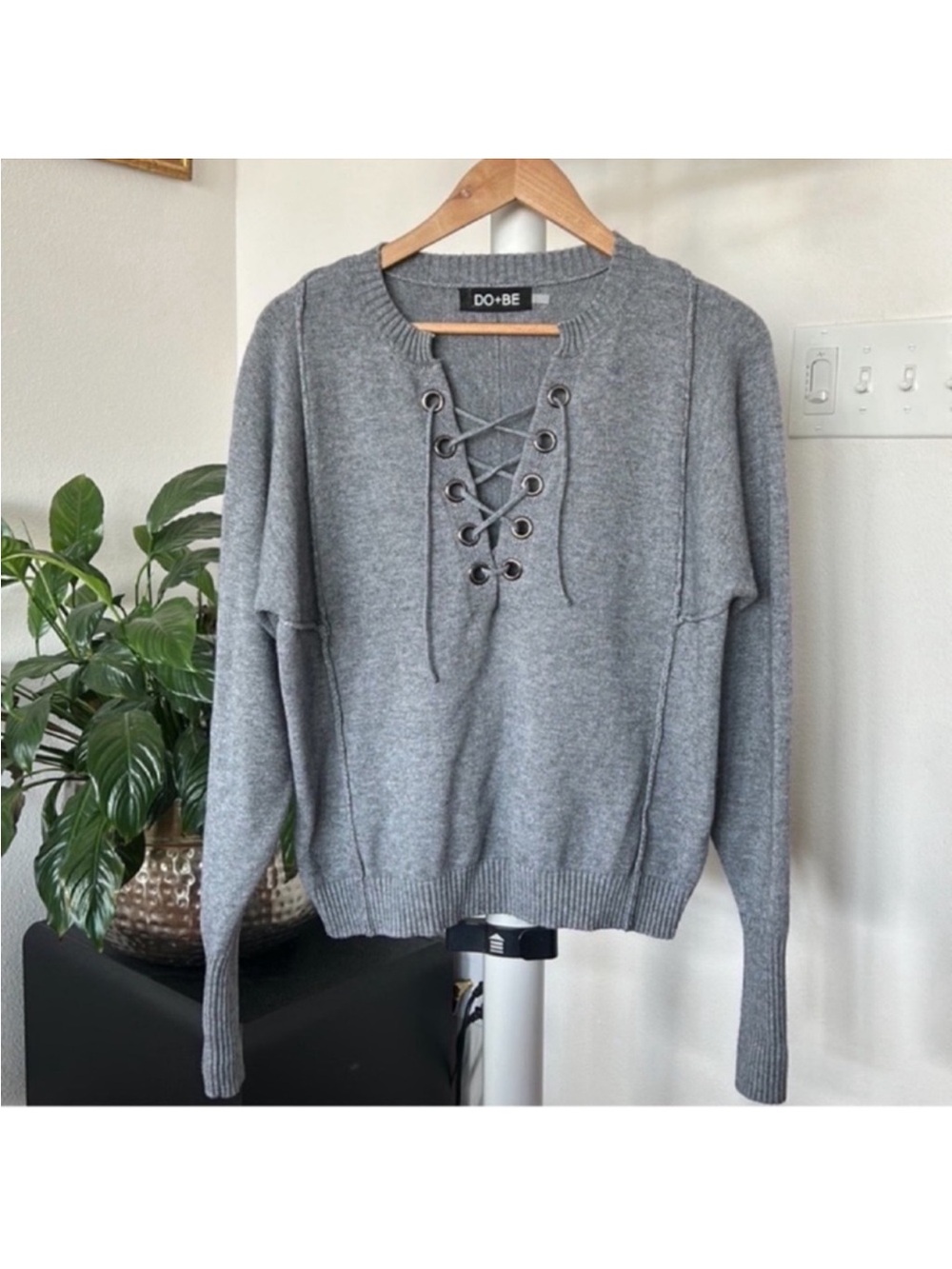 Nordstrom Do+Be Lace Up Pullover Sweater/Top S Gray Dolman Sleeves Exposed Seam